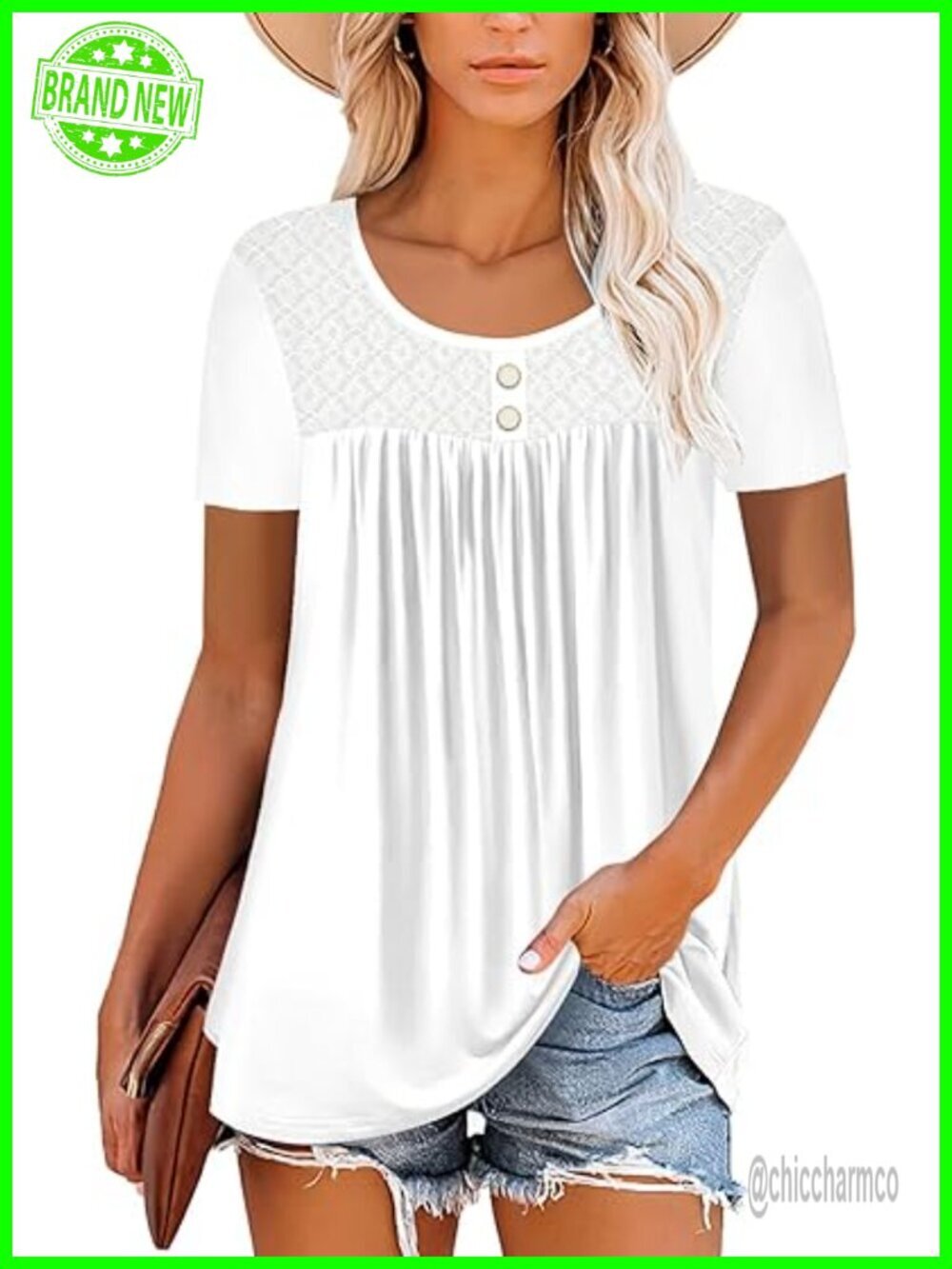 Flowy Peasant Tunic Blouse with Button Front & Pleated Hem